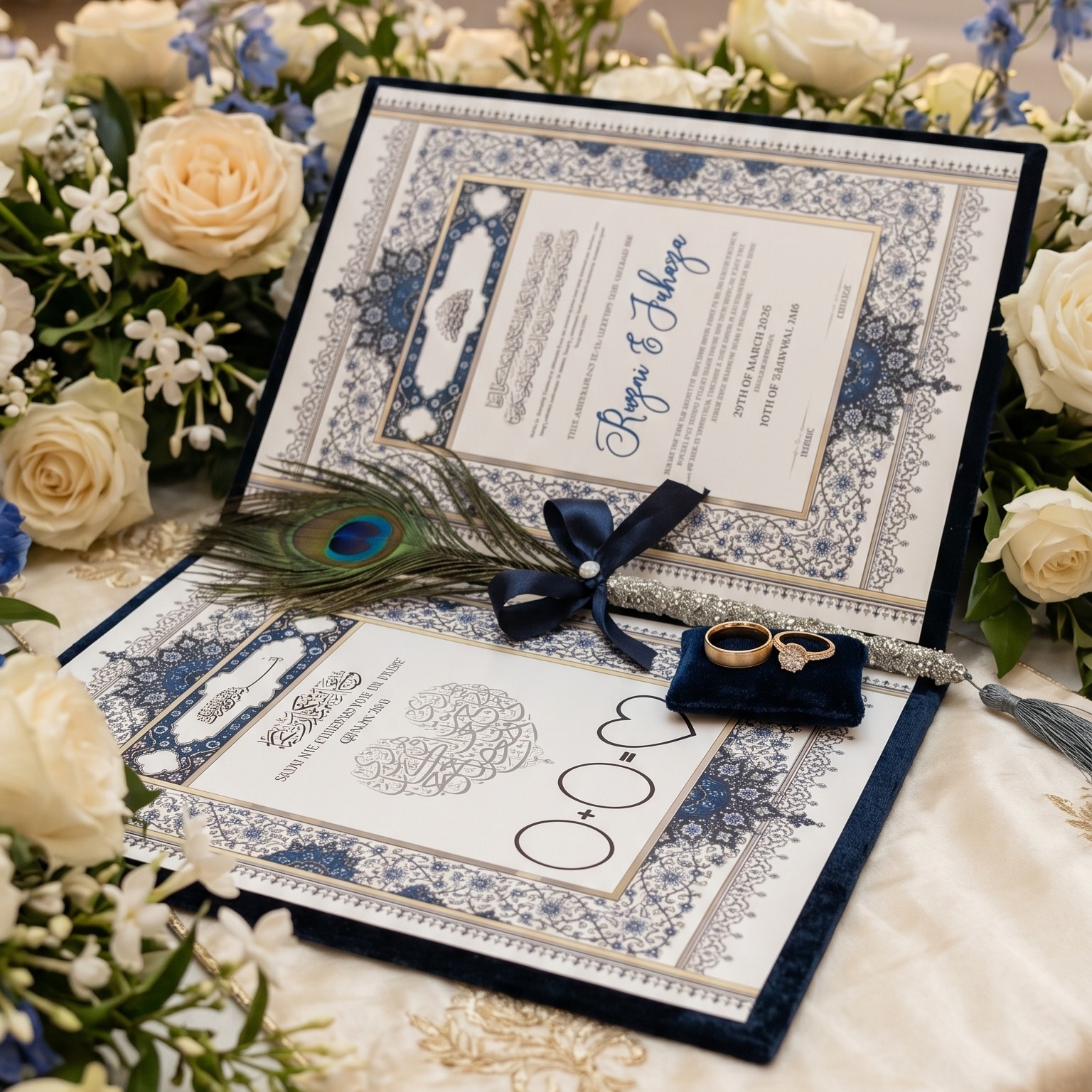 Handcrafted Ornate Blue and Gold Nikah Nama Set with Decorative Peacock Feather Pen - Personalized Islamic Marriage Contract — view 2