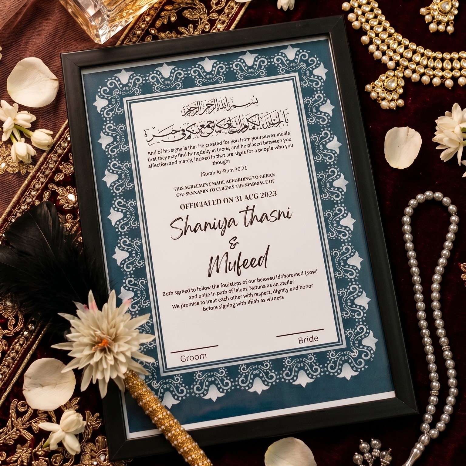 Handcrafted Ornate Blue and Gold Nikah Nama Set with Decorative Peacock Feather Pen - Personalized Islamic Marriage Contract — view 5