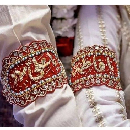 Premium Handcrafted Red Velvet Imam Zamin Set with Gold Zardosi Calligraphy and Scalloped Beadwork for Bride and Groom — view 4