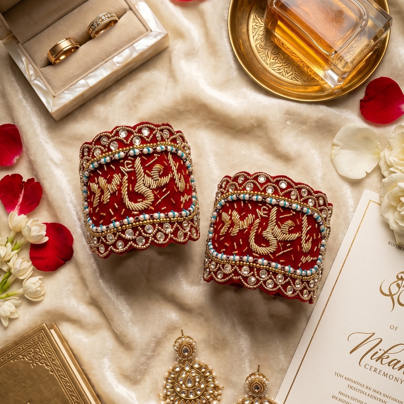 Premium Handcrafted Red Velvet Imam Zamin Set with Gold Zardosi Calligraphy and Scalloped Beadwork for Bride and Groom — view 3