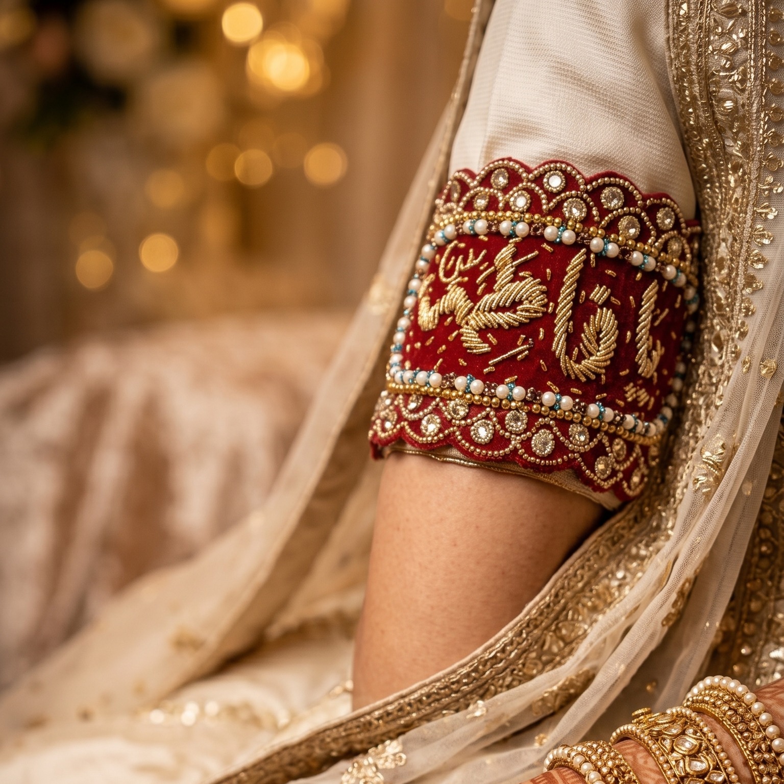 Premium Handcrafted Red Velvet Imam Zamin Set with Gold Zardosi Calligraphy and Scalloped Beadwork for Bride and Groom — view 2