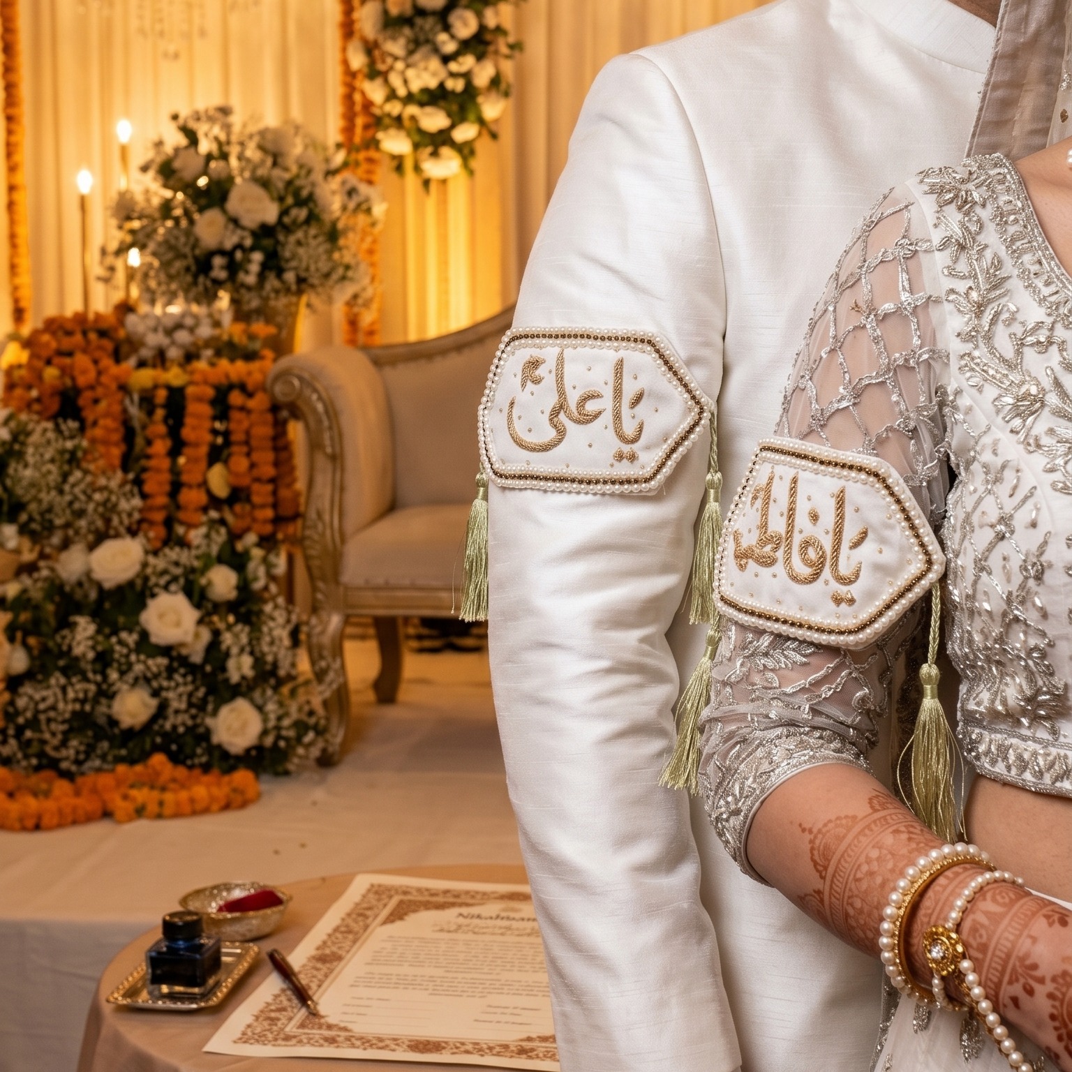 Handcrafted White and Gold Imam Zamin Set for Nikah Ceremony with Intricate Arabic Calligraphy and Pearl Border — view 2