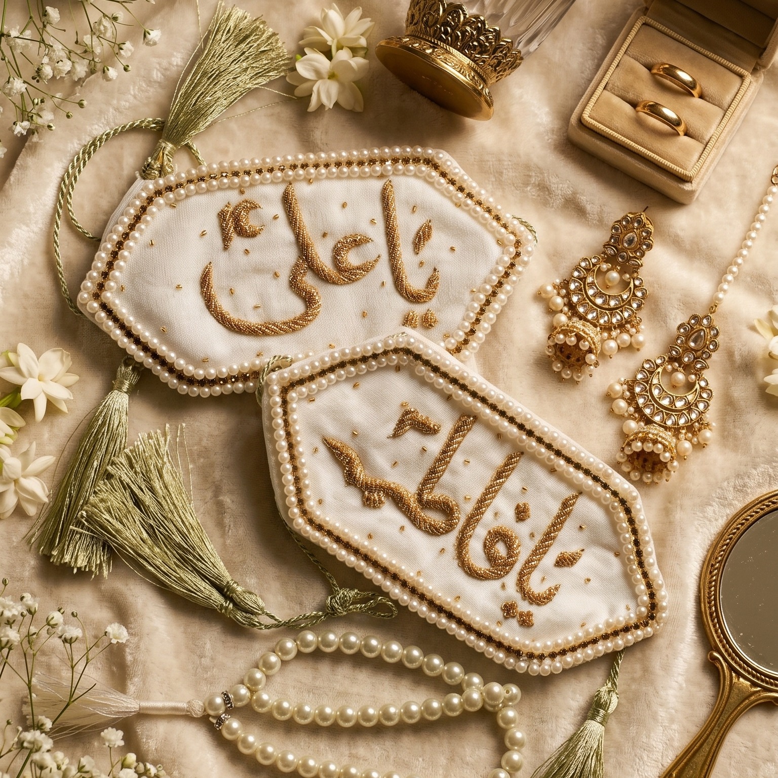 Handcrafted White and Gold Imam Zamin Set for Nikah Ceremony with Intricate Arabic Calligraphy and Pearl Border — view 4