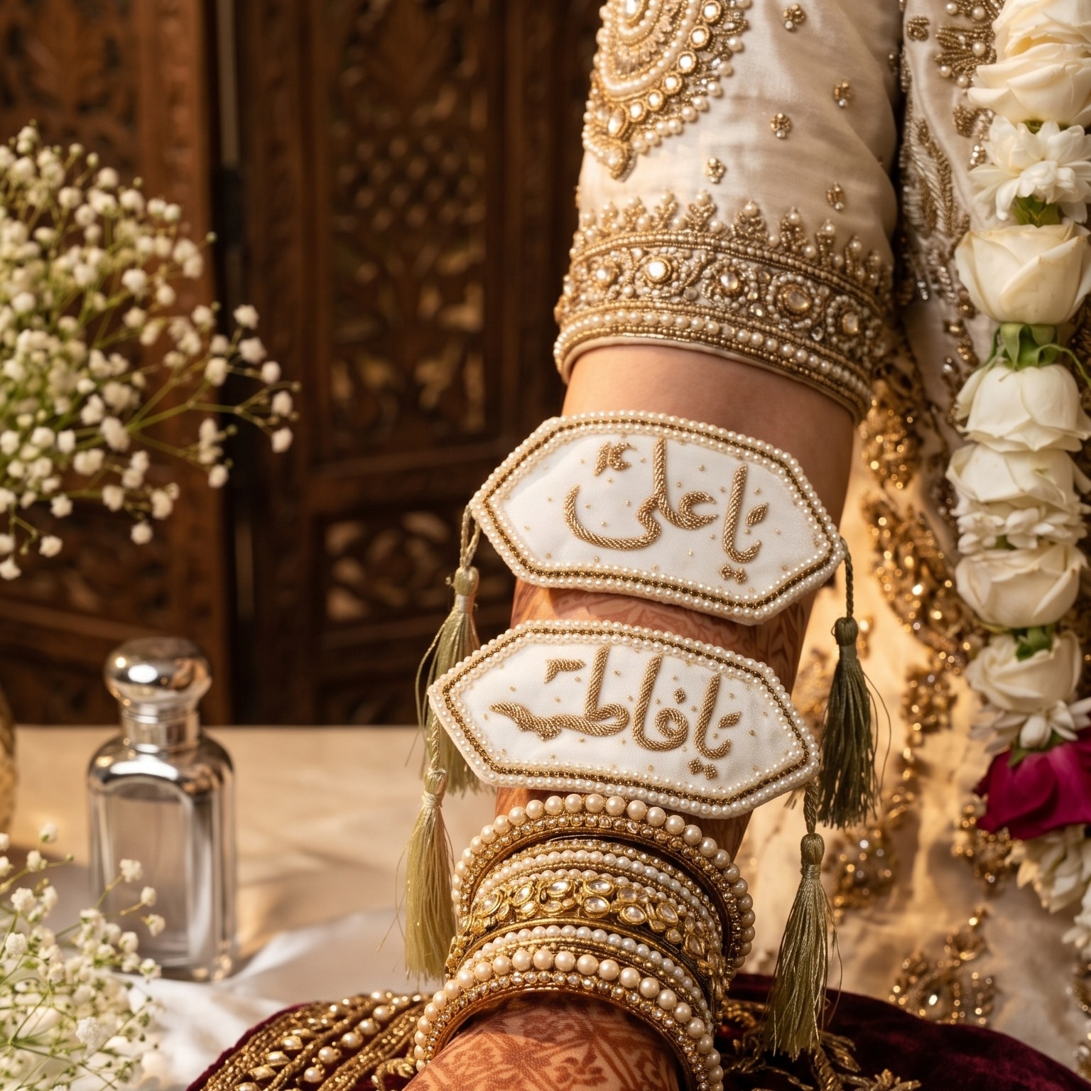 Handcrafted White and Gold Imam Zamin Set for Nikah Ceremony with Intricate Arabic Calligraphy and Pearl Border — view 3