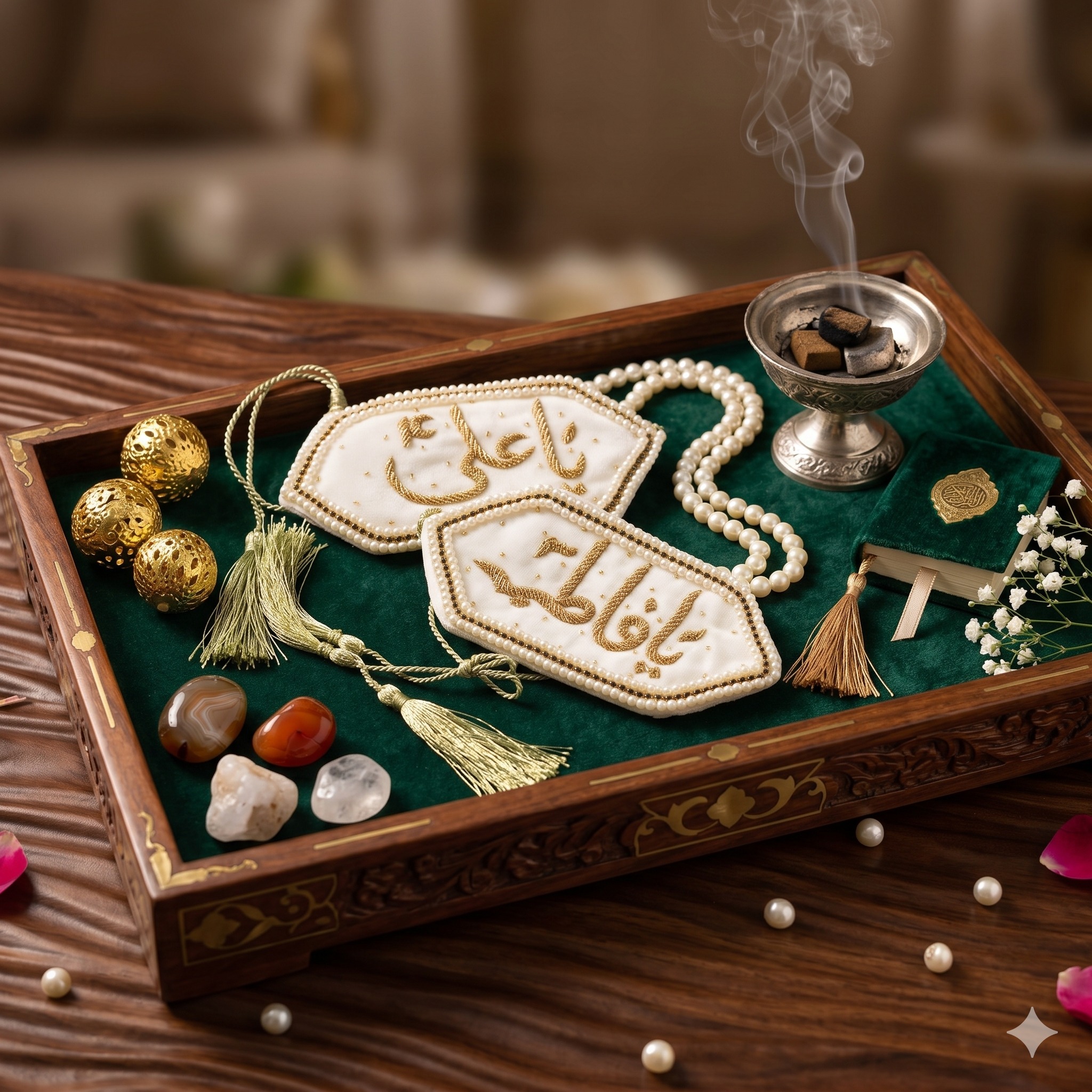 Handcrafted White and Gold Imam Zamin Set for Nikah Ceremony with Intricate Arabic Calligraphy and Pearl Border — view 5
