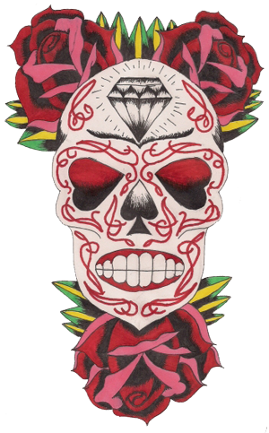 Sugar Skull And Rose Flowers Tattoos Design - Day Of The Dead Skull Colored Tattoos - Free Transparent PNG Clipart Images Download. - Transparent PNG Free Download
