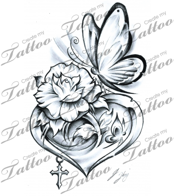 Rose Tattoo Clipart Butterfly - Flower And Heart Tattoo Designs - Free Transparent PNG Clipart Images Download. - Transparent PNG Free Download