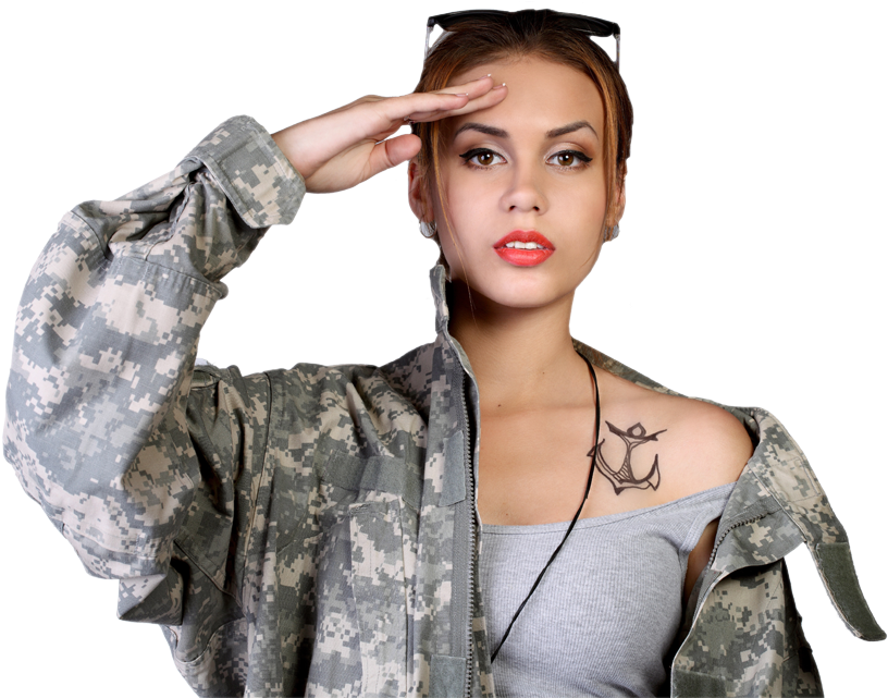 Girl In Camo Jacket Saluting With Shoulder Tattoo - Tatuaż Jaskółka Wzory, HD Png Download - Transparent PNG Free Download