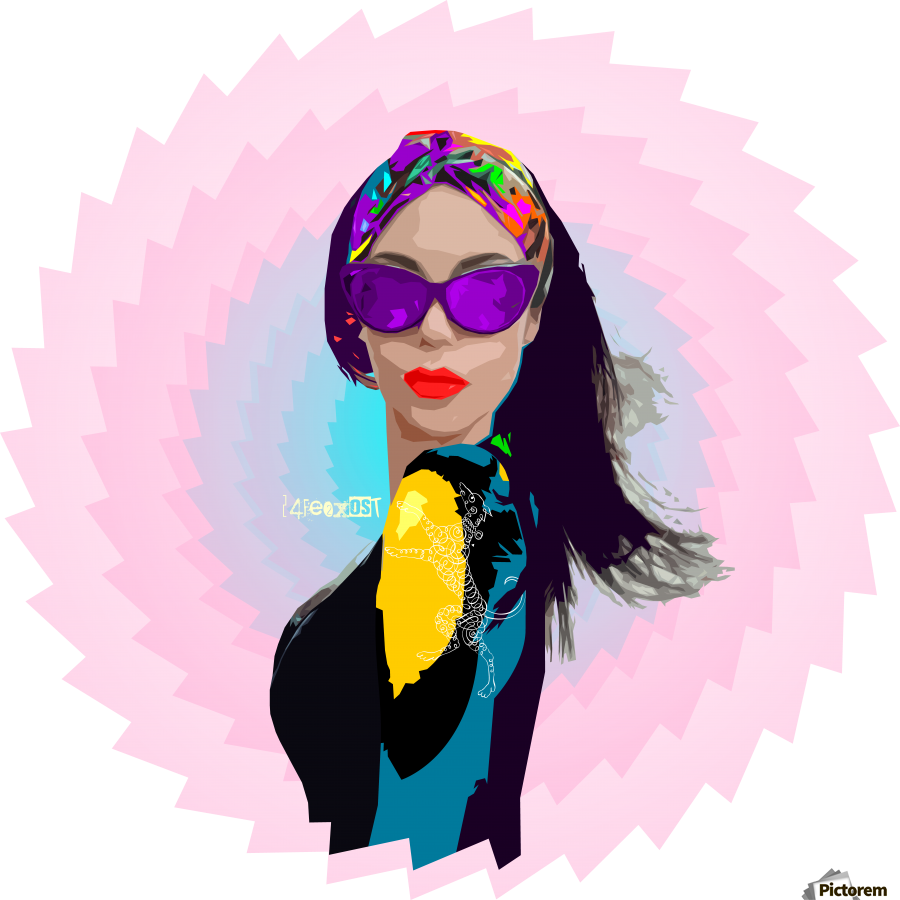 Tattoo Girl With Glasses On Cyan-magenta Star Print - Illustration, HD Png Download - Transparent PNG Free Download