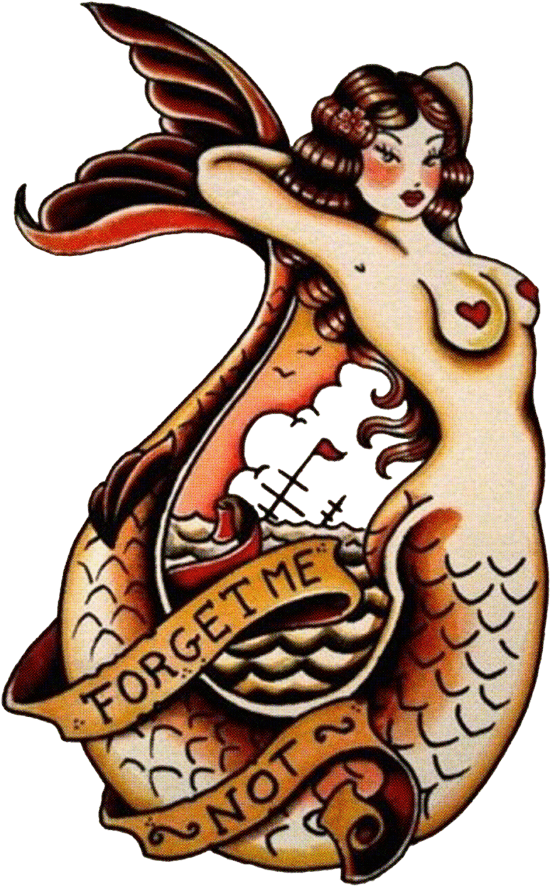 Tatuaje Forget Me Not Sirena - Old School Tattoo Mermaid, HD Png Download - Transparent PNG Free Download
