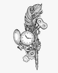 Feather Feathertattoo Pocketwatch Key Tattoodesign - Steampunk Tattoo Sketch, HD Png Download - Transparent PNG Free Download