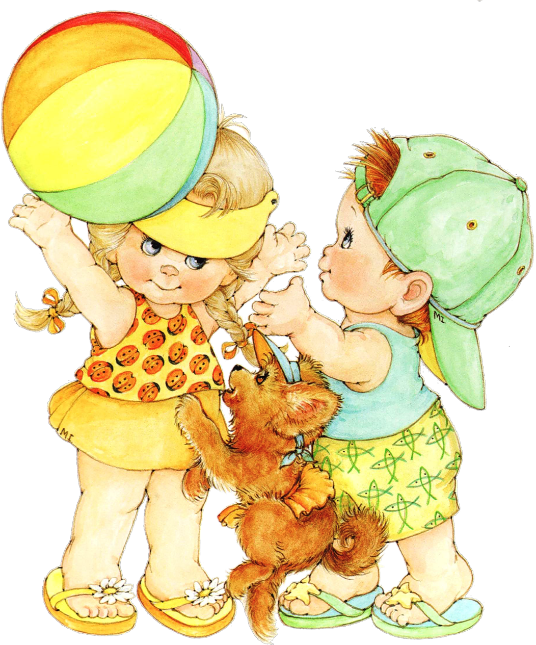 Boy, Girl & Puppy Ready To Play Ball - Ruth Morehead Art Summer - Free Transparent PNG Clipart Images Download. - Transparent PNG Free Download