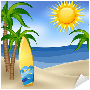 Summer Background With Surfboard And Palm Trees Sticker - Summer Background With Surfboard And Palm Trees Sticker - Free Transparent PNG Clipart Images Download. - Transparent PNG Free Download
