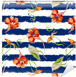 Nasturium On The Striped Nautical Background - Watercolor Painting Transparent PNG - 400x400 - Free Download on - Transparent PNG Free Download