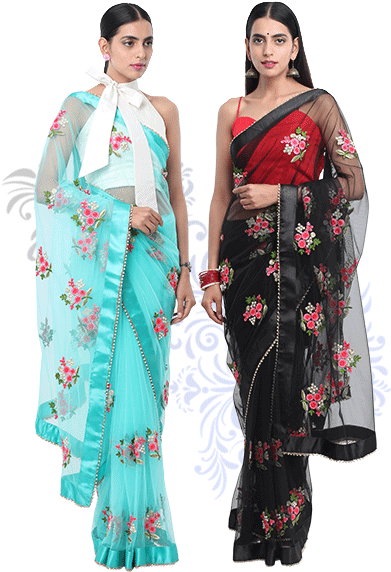 Embroidered Net Sarees Finished With Tropical Floral - Silk Transparent PNG - 595x586 - Free Download on - Transparent PNG Free Download