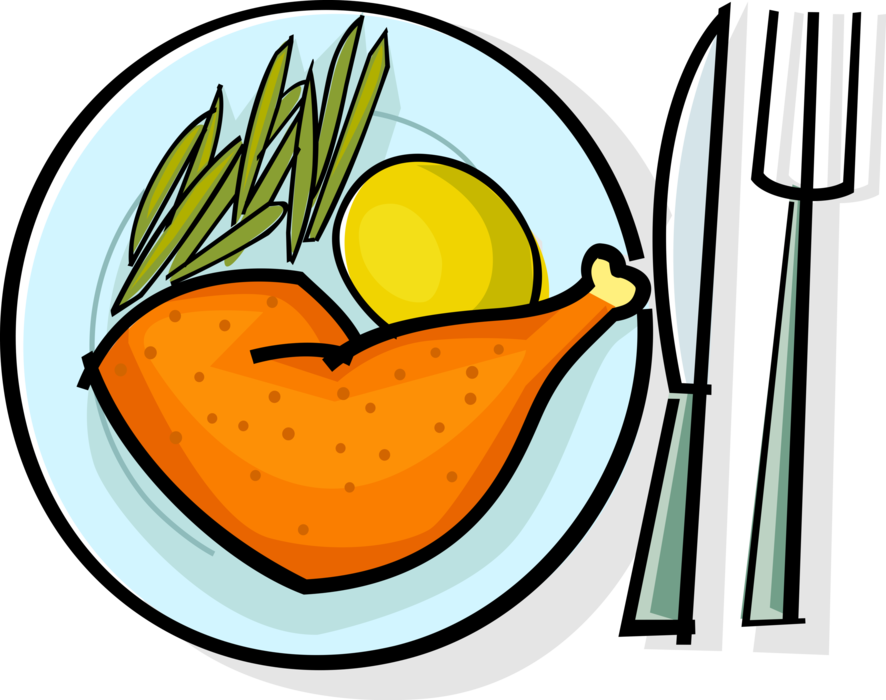 Vector Illustration Of Roast Chicken Leg With Potato - Vegetables In Plate Clipart - Free Transparent PNG Clipart Images Download. - Transparent PNG Free Download