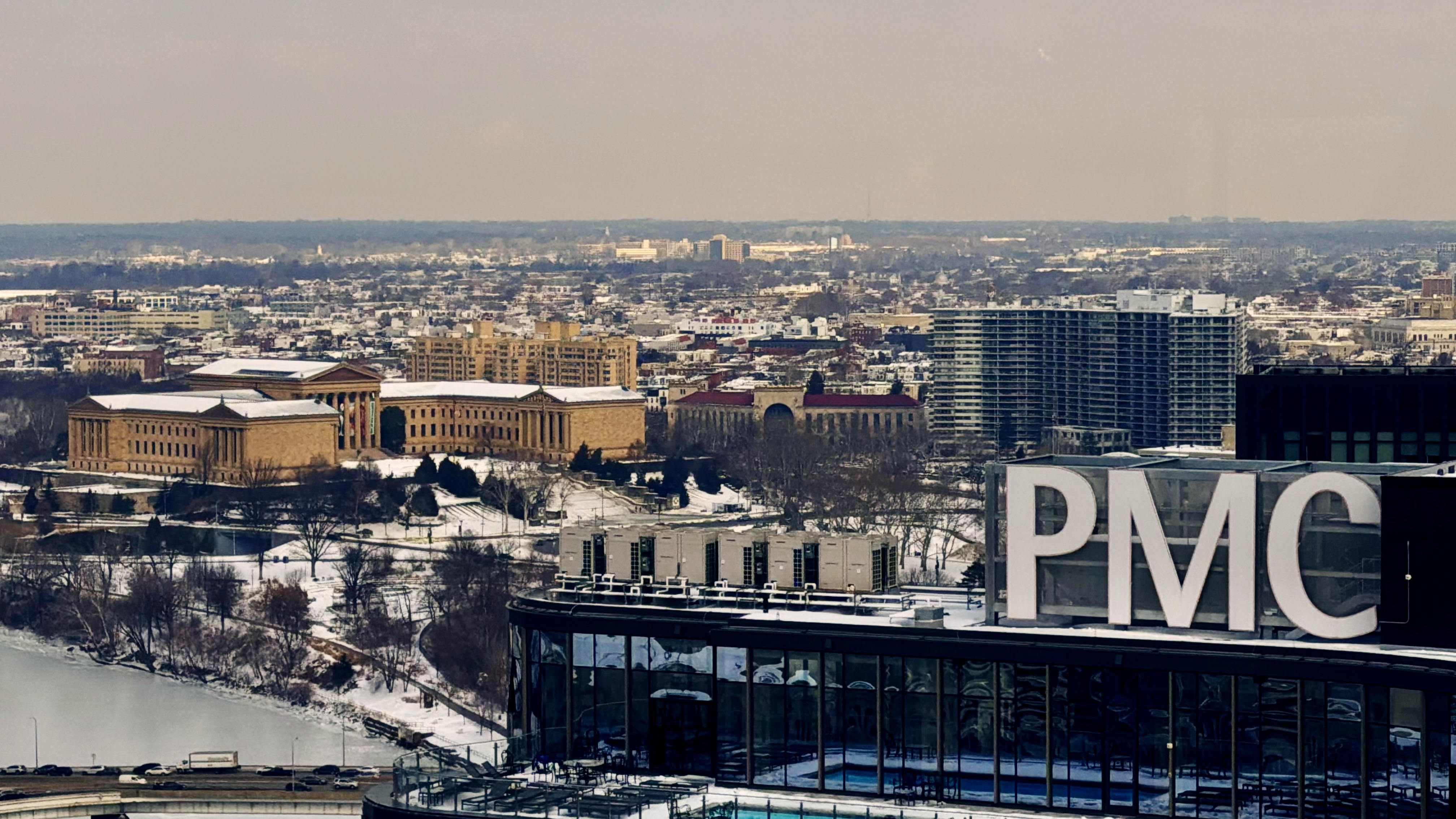 the art museum in the background, the PMC building top in the foreground
