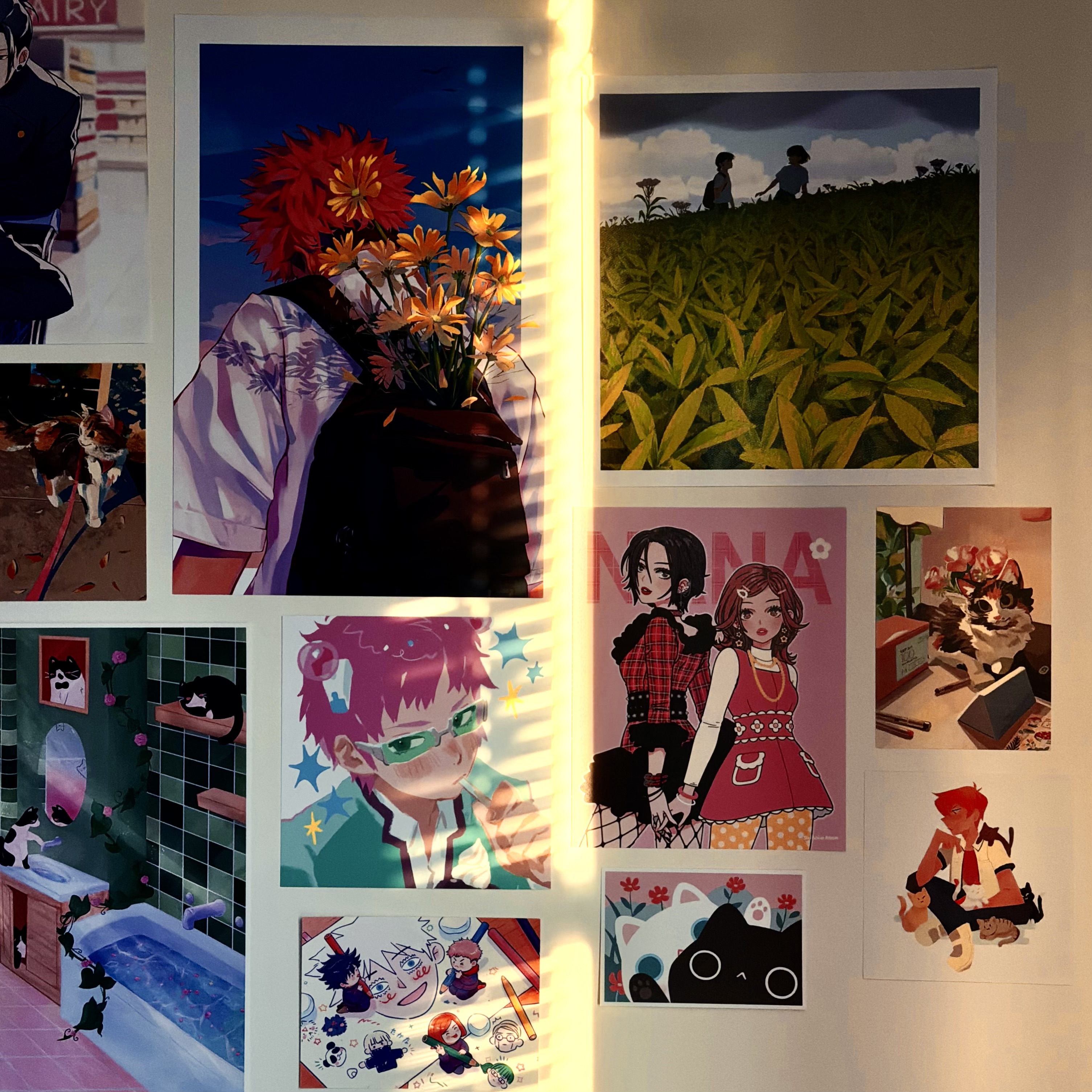 Images of posters on wall with a line of sunlight striking direclty in the middle