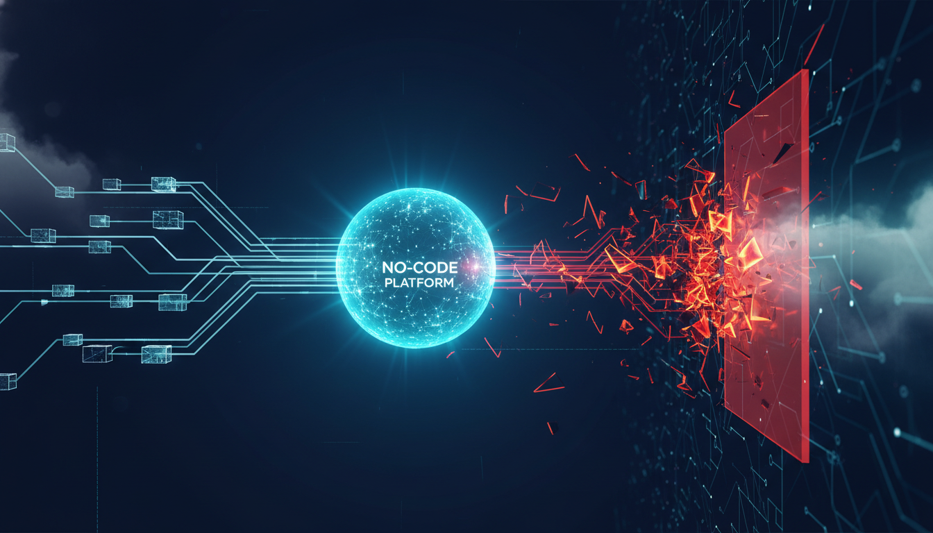 An abstract visualization of a no-code workflow hitting a scaling bottleneck, with organized data pipelines becoming chaotic.