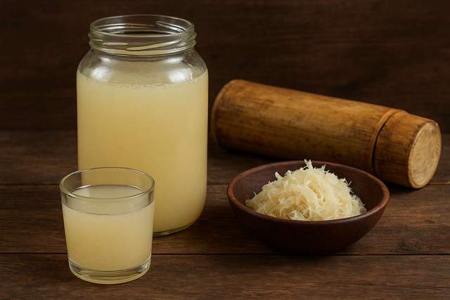 Saguer Manado — minuman tradisional fermentasi nira aren khas Minahasa berwarna putih keruh disajikan dalam botol bekas dan gelas tradisional