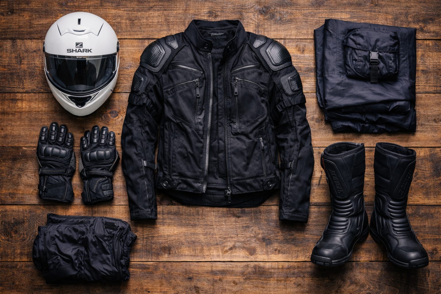 Flat lay of motorcycle safety gear neatly arranged: full-face helmet, armored jacket, gloves, boots, and rain gear on a wooden surface