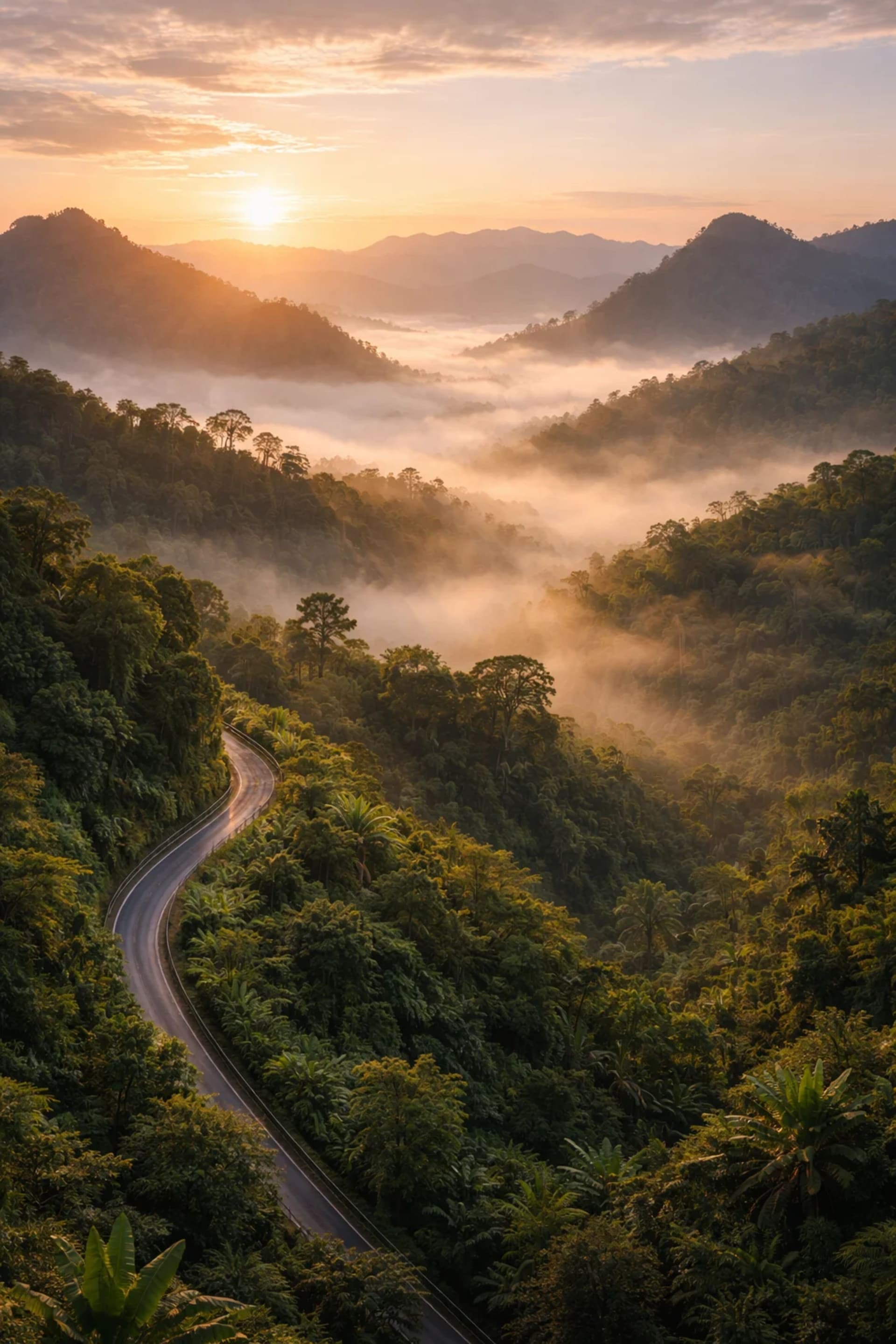 Winding mountain road through misty northern Thailand jungle at sunrise with fog-filled valleys
