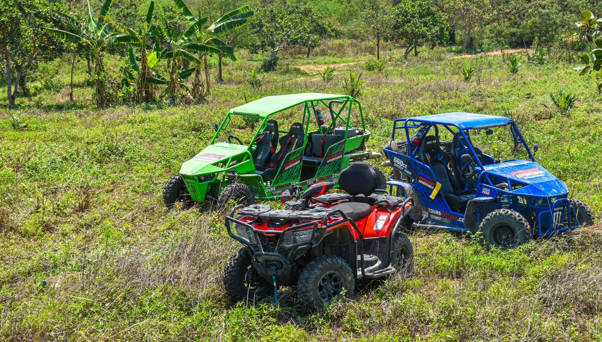 CFMoto ATVs and buggies lined up ready for an off-road tour near Pattaya