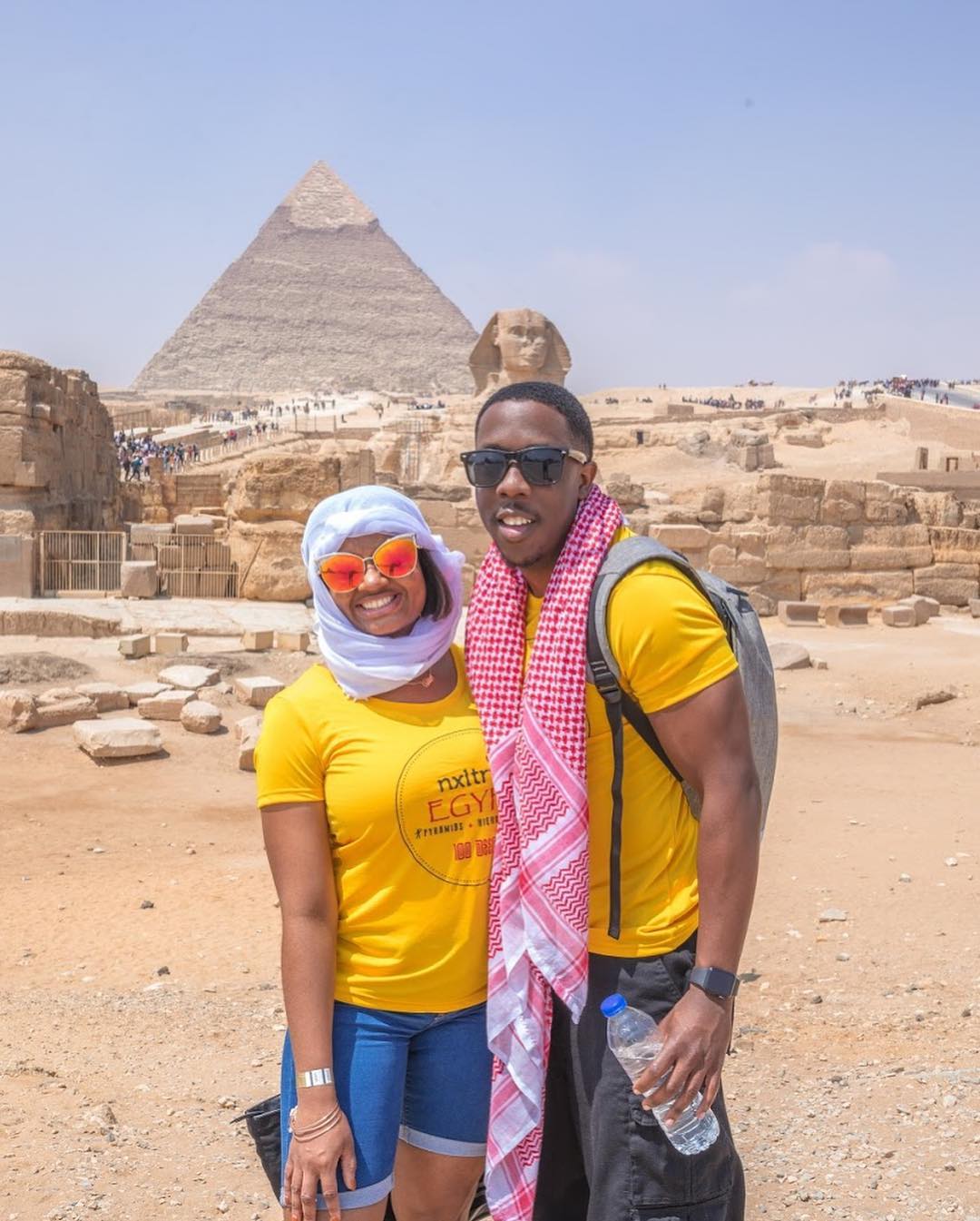 An Nxlevel traveler at the pyramids in Egypt