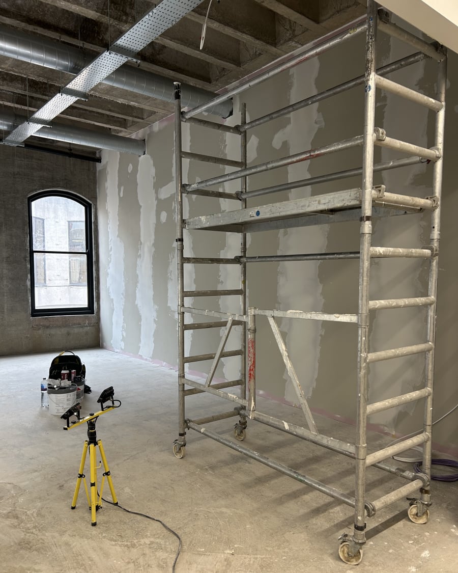 Prepared plasterboard walls before primer in the Mansfield office conversion