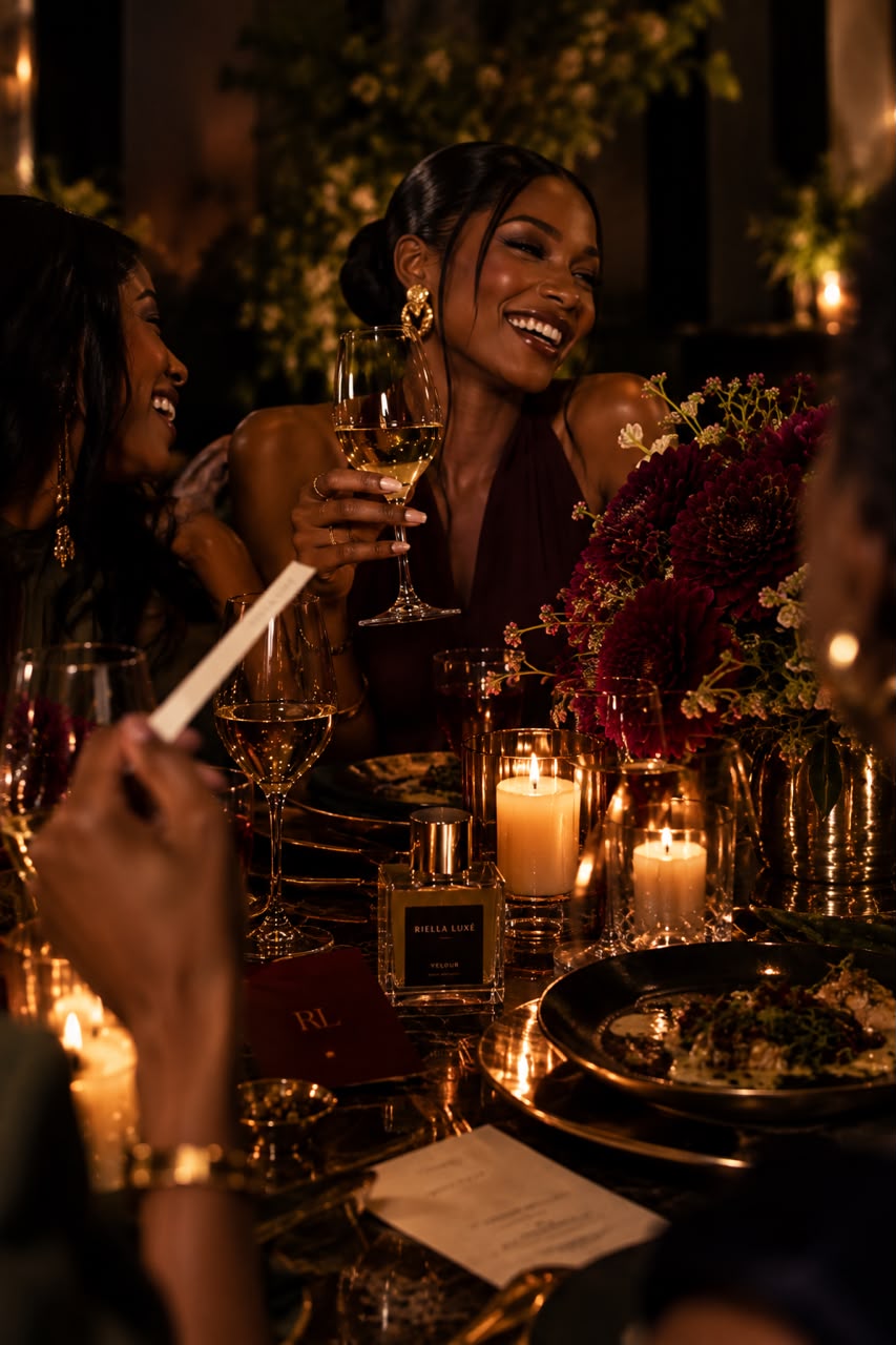 Guests laughing and toasting at The Mood Table
