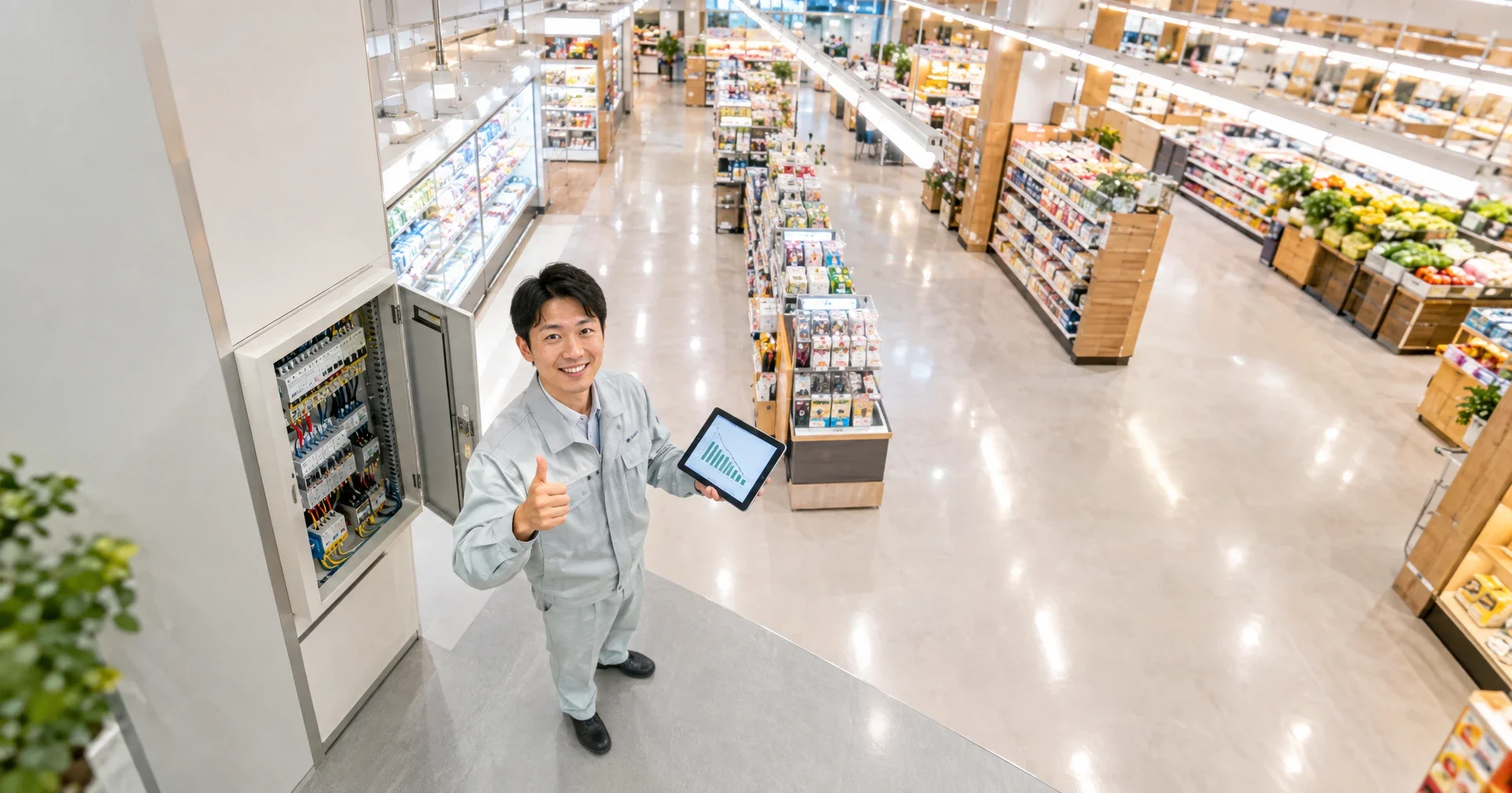 LED照明に切り替えた商業施設で、電気技術者が設備と省エネの成果を確認している様子