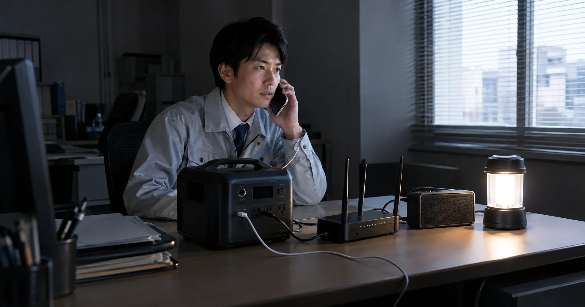 停電直後のオフィスで、ポータブル電源から安否確認用のスマートフォン、Wi-Fiルーター、ラジオに給電している場面