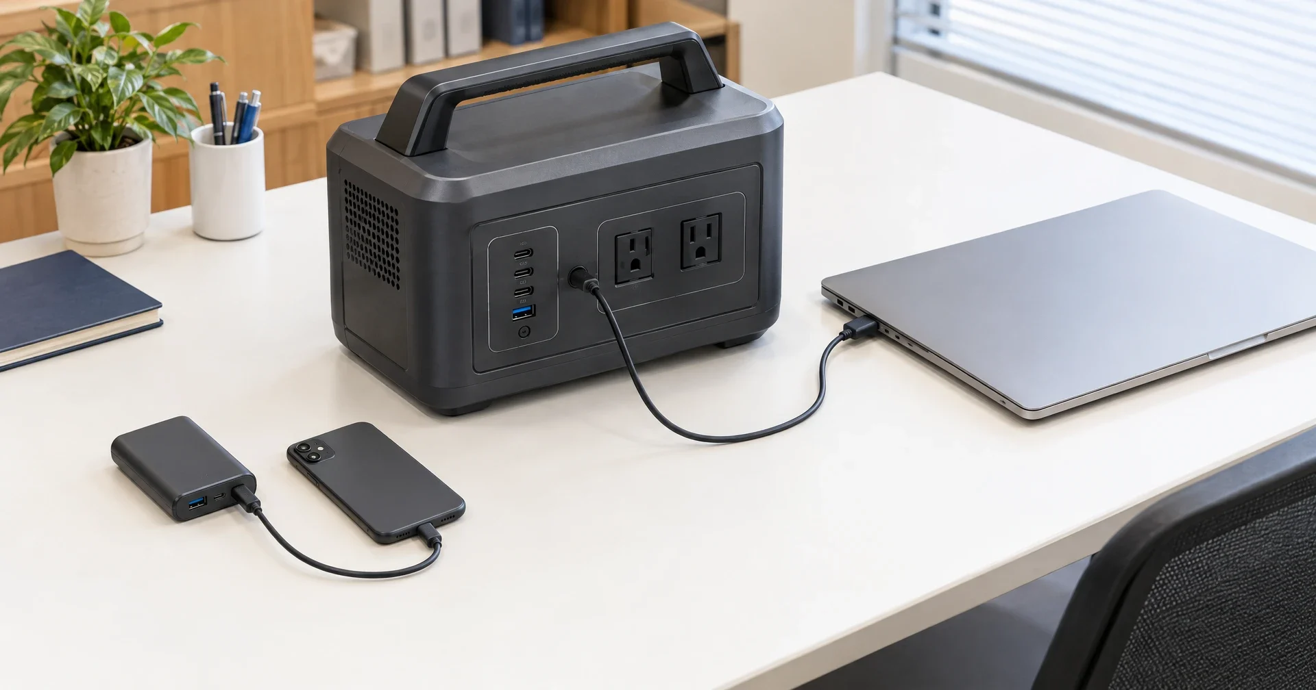 手のひらサイズのモバイルバッテリーと取っ手付きのポータブル電源を並べ、本体の大きさと出力口（コンセント口の有無）の違いを比べた写真