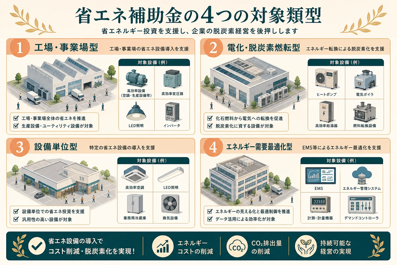 4つの事業区分を比較するチェックリスト概念図
