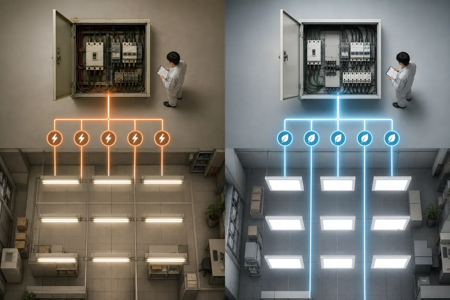 白熱電球・蛍光灯とLEDの消費電力を左右で対比した俯瞰の図解