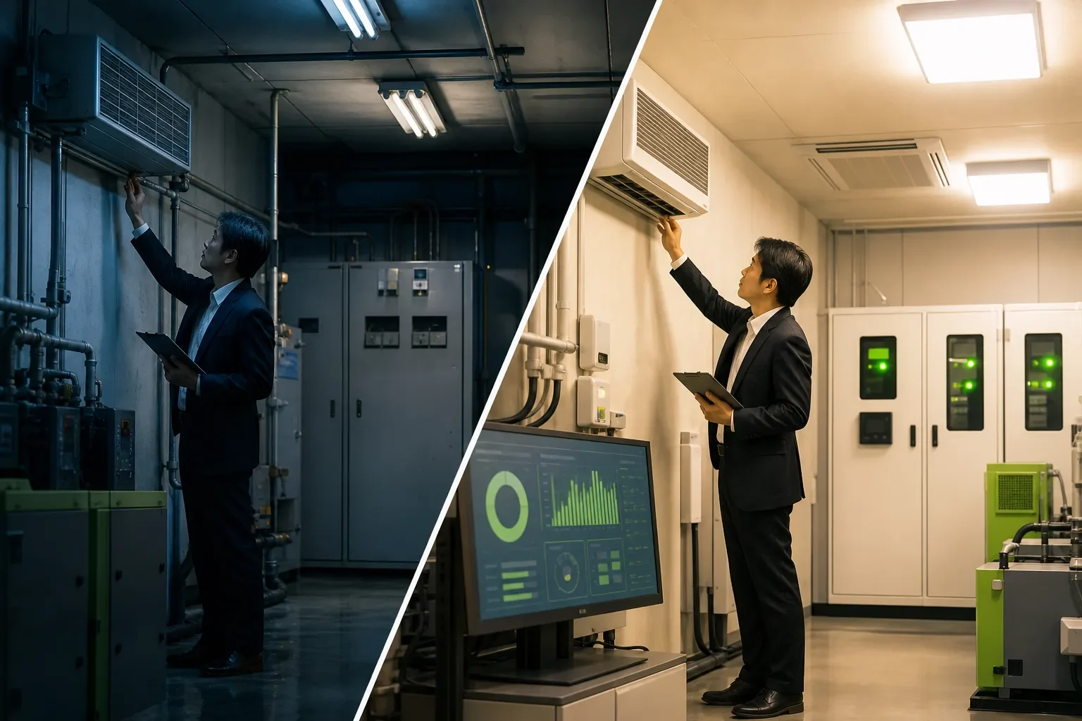 旧照明と新照明の電気代差を対比するワイドな現場シーン
