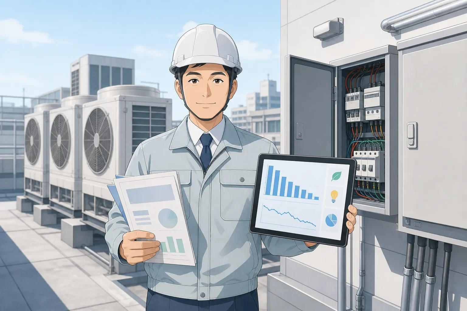 電気代削減幅をグラフで確認する日本人施設管理者のイラスト