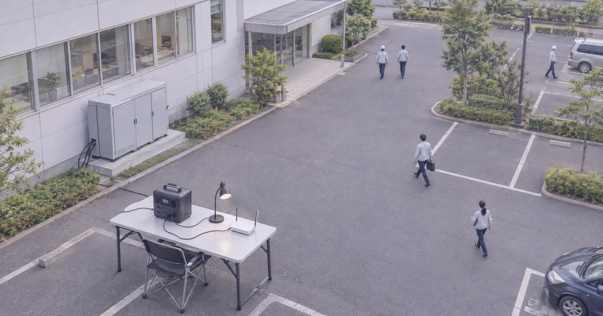 ポータブル蓄電池で業務用の小型機器を動かし、稼働時間を確かめる場面