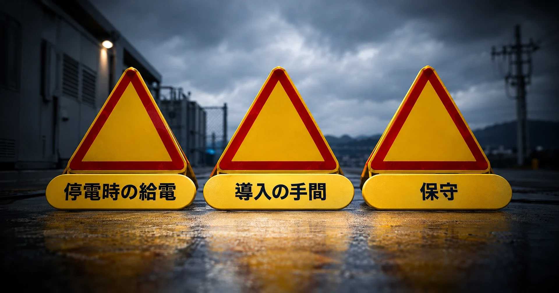 企業・施設で使う際に、停電時の給電・導入の手間・保守といった注意すべき観点があることを示す画像