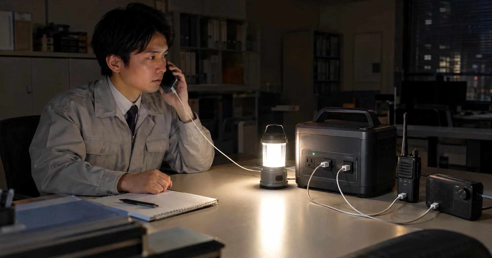 停電中の事務所で、ポータブル電源からランタン・スマートフォン・無線機・ラジオに給電し、安否確認の連絡をしている場面
