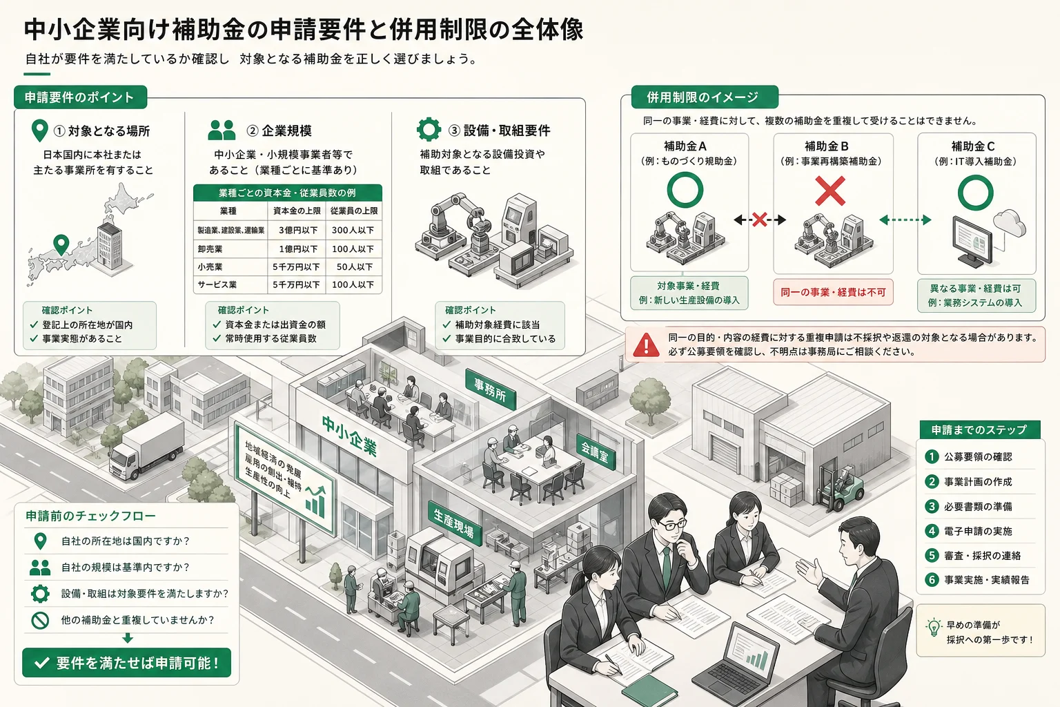 事業者向け補助金の申請対象条件を示すワイドショット図解