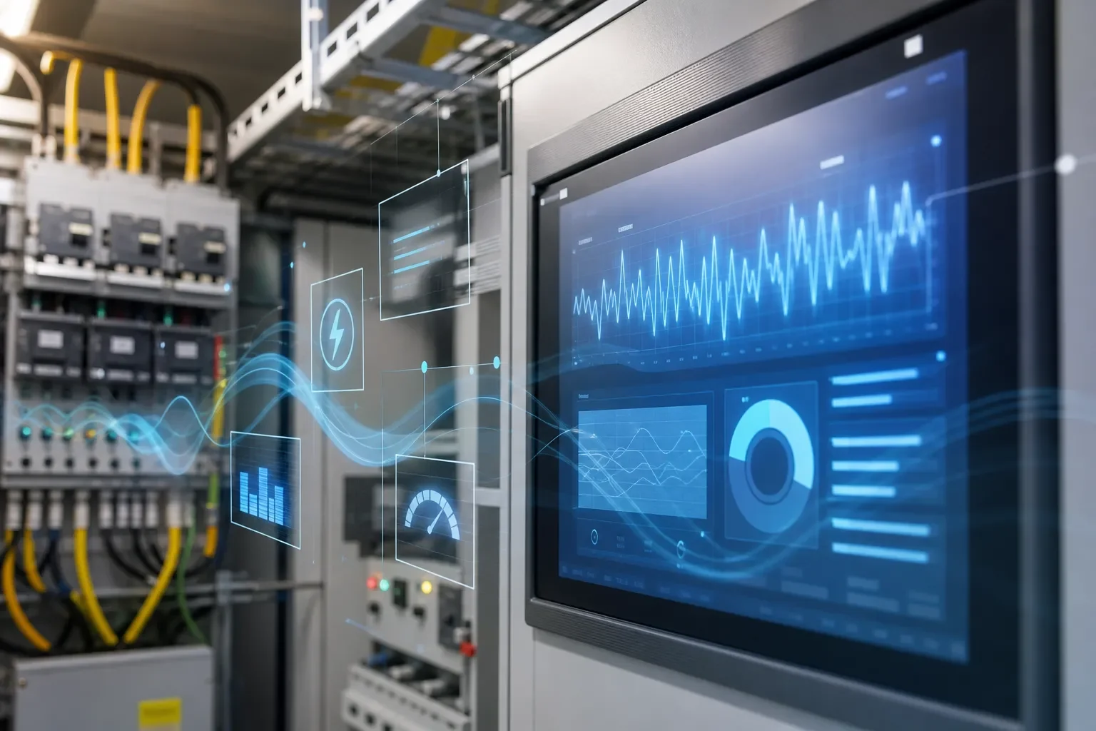 電力使用量を表示するモニタ画面を中心にした作業シーンの図解