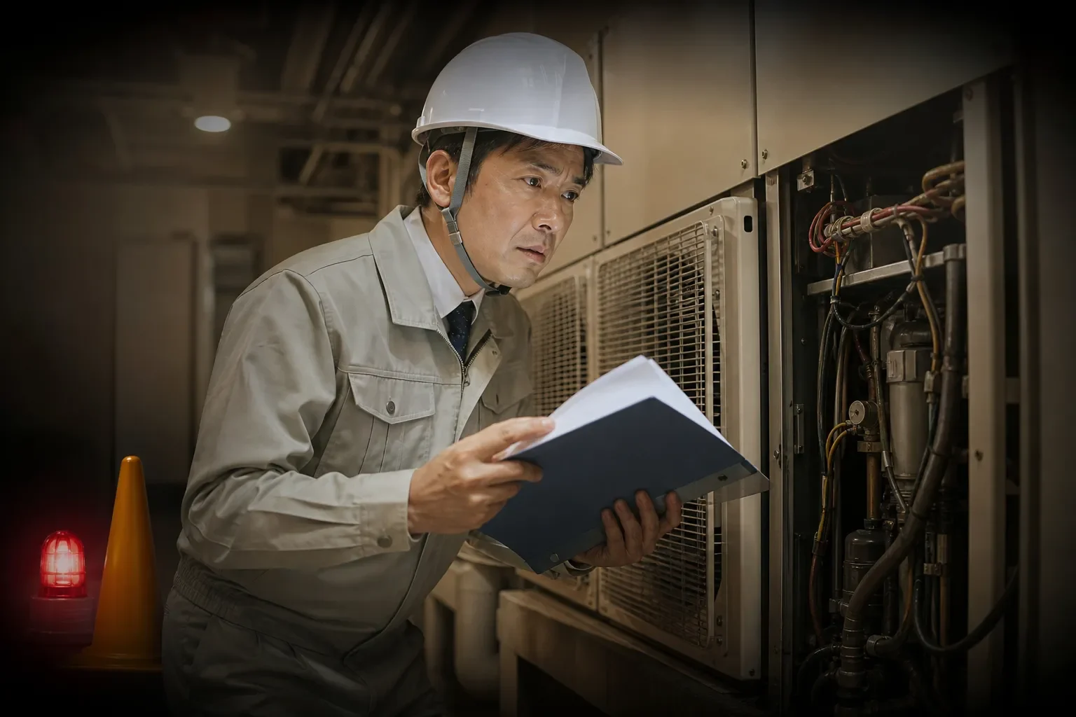 注意点を示す警告的な雰囲気で設備を点検する日本人電気技術者