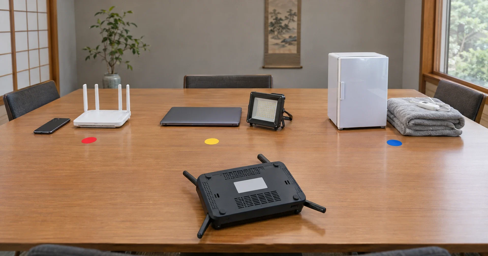 停電中に動かしたい機器を机に並べ、赤・黄・青のシールで優先度ごとに三つに分けた様子