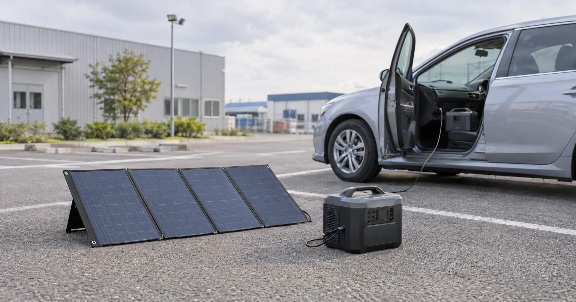 長期停電時に折りたたみ式ソーラーパネルと社用車のシガーソケットからポータブル電源を再充電する様子