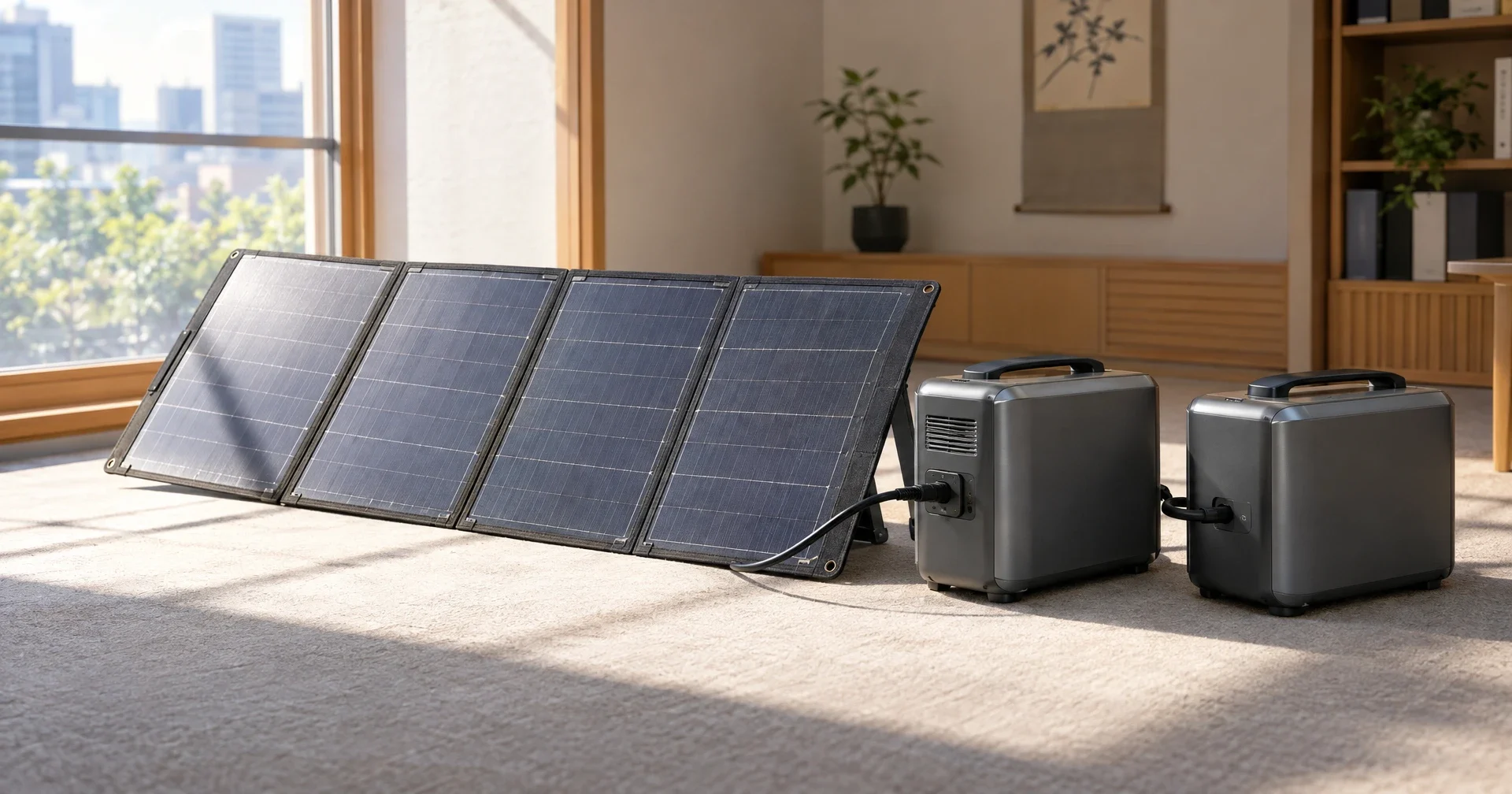 窓際の折りたたみ式ソーラーパネルからポータブル電源に充電し、拡張バッテリーも接続して使用時間を延ばす様子