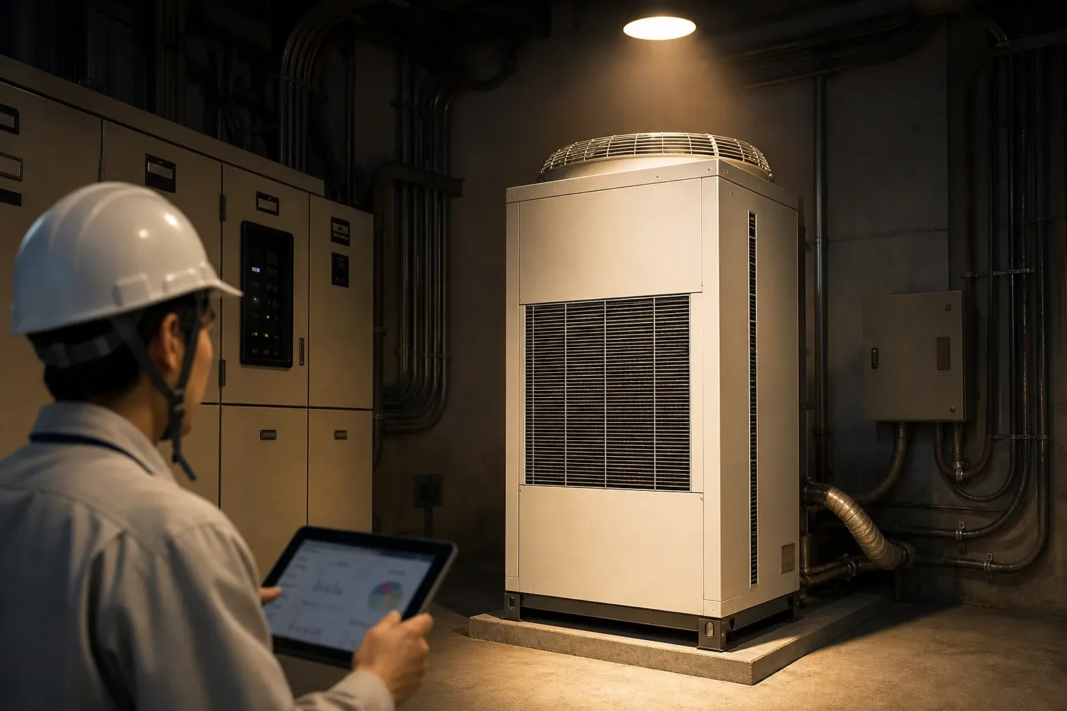 エネルギー計測データを確認する日本人電気技術者の斜め構図
