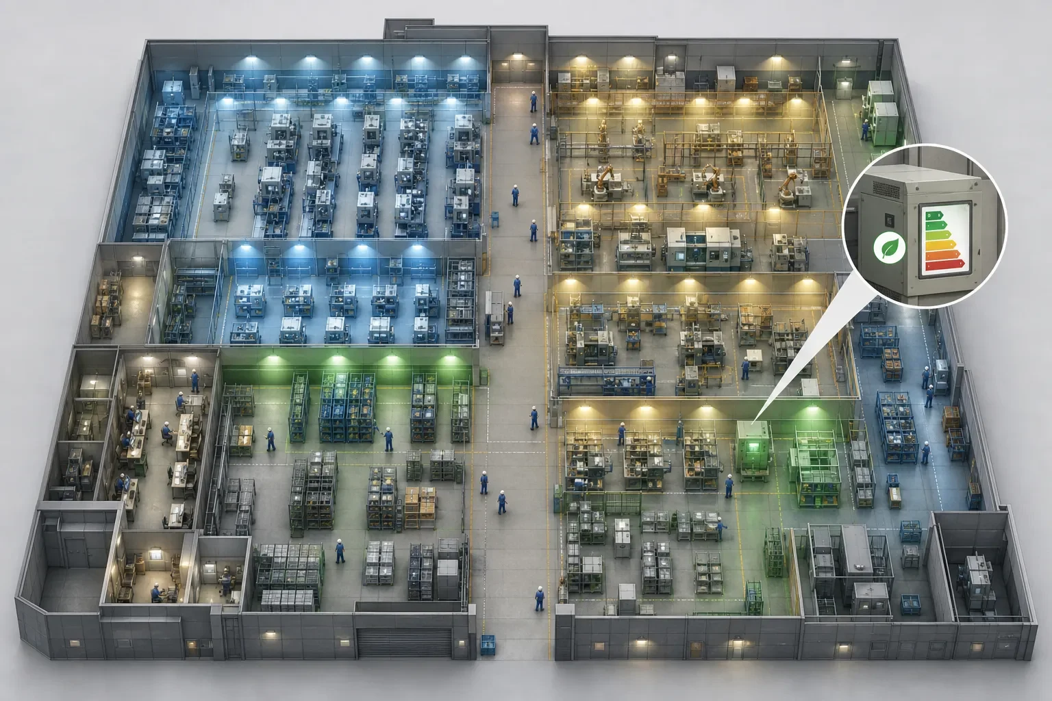 工場全体を俯瞰し省エネ性能ラベル付き設備の配置を示した図解