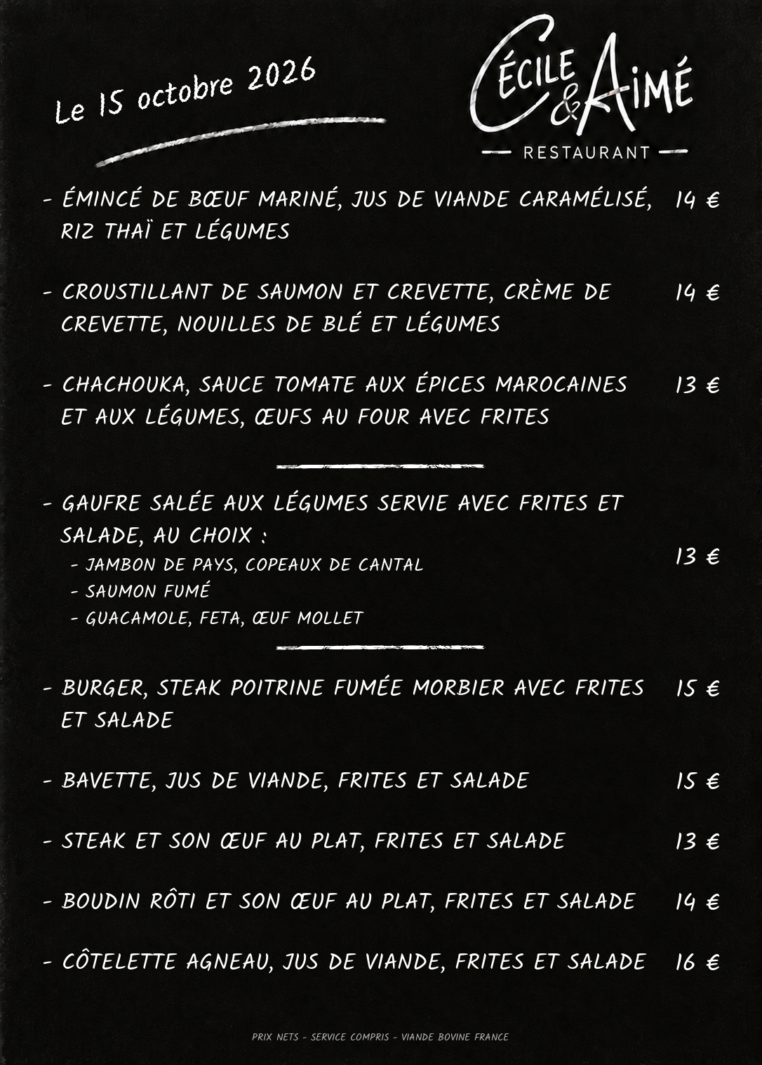 Menu du jour du restaurant Cécile et Aimé à Rodez
