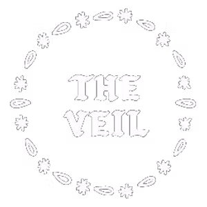 The Veil logo rendered in white, featuring the name inside a circular floral border.